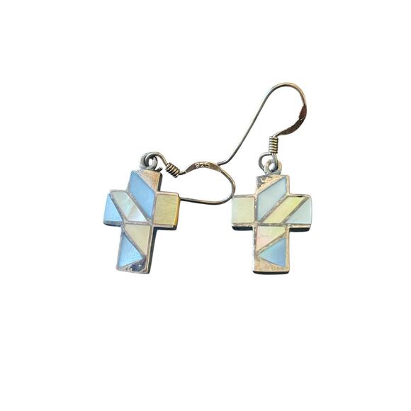 silver cross earrings with inlaid mother of pearl earrings vintage jewelry  .925 - Picture 4 of 7